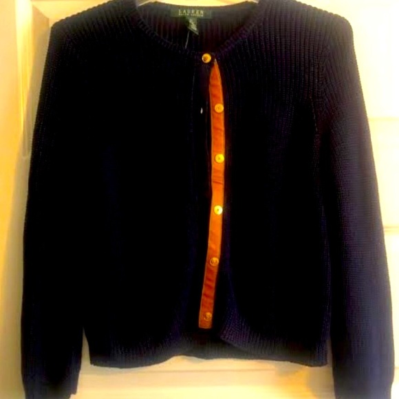 NWT RALPH LAUREN Navy Cardigan Gold Buttons Leather Placket M - Picture 2 of 7
